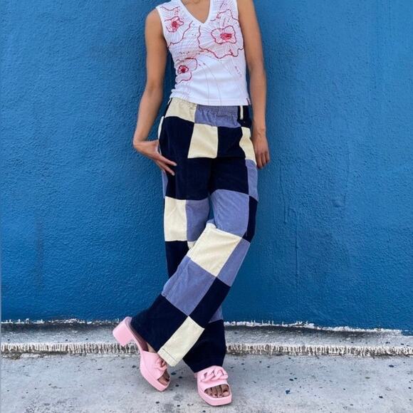 🔥Urban Outfitters Corduroy Patchwork Pull On Baggy Pants Blue Tan Size M - Picture 1 of 16